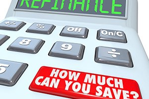 The word Refinance on the display of a digital calculator