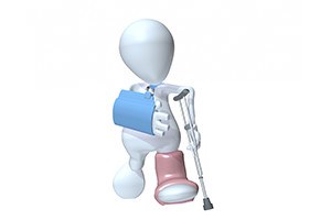 3D man walking on crutches wearing an arm sling and foot cast