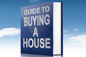 Illustration depicting a book with a house buying concept title